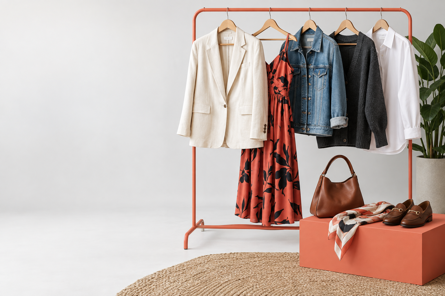 Arara com blazer, vestido, jaqueta jeans, cardigã e camisa usados